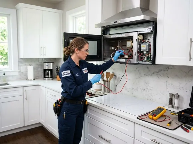 Appliance Repair Hero technician testing an over-the-range microwave in a Arcadia, OK kitchen